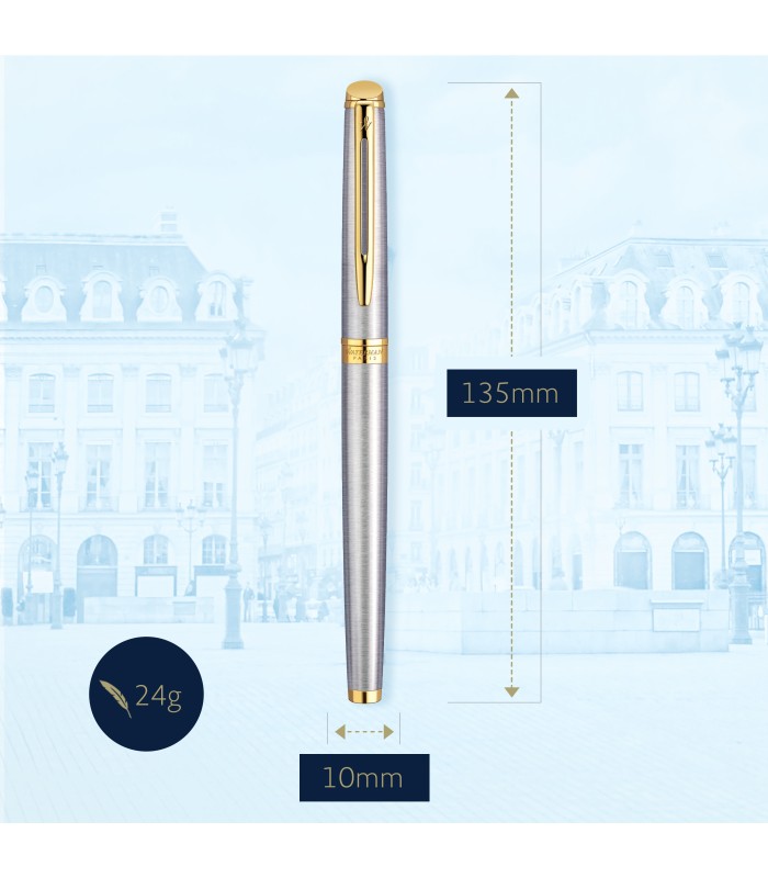 Waterman Hémisphère Fountain Pen | Stainless Steel with 23k Gold Trim | Fine Nib | Blue Ink | Gift Box