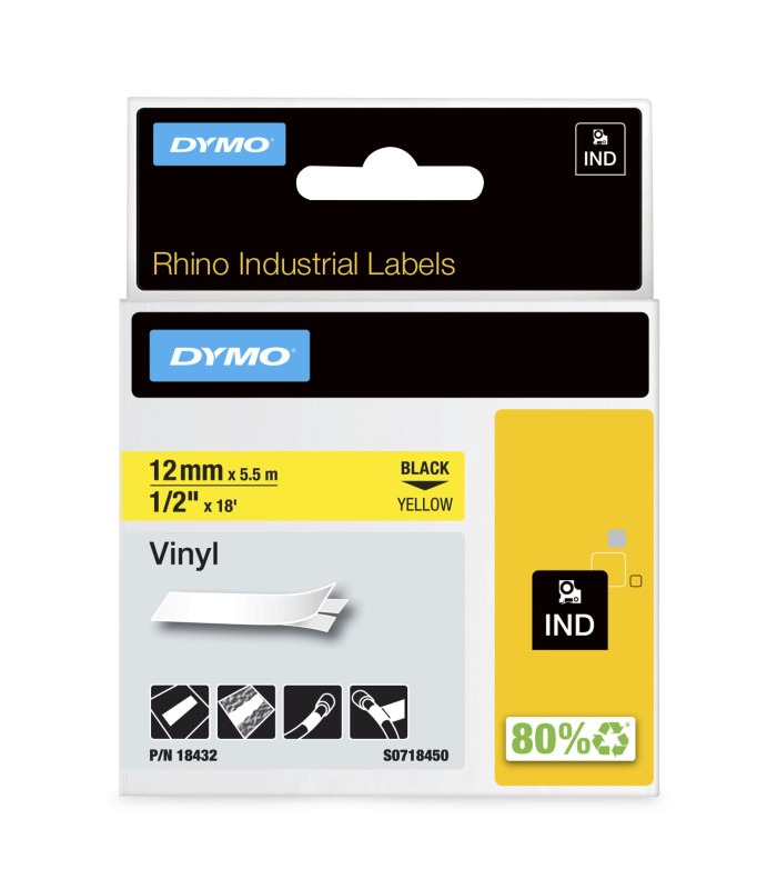 DYMO Rhino Industrial Vinyl Labels | 12 mm x 5.5 m | Black Print on Yellow | Self-Adhesive | for Rhino & LabelManager Label Make