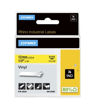 DYMO Rhino Industrial Vinyl Labels | 12 mm x 5.5 m | Black Print on Yellow | Self-Adhesive | for Rhino & LabelManager Label Make