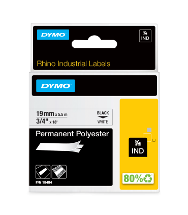 DYMO Rhino Industrial Permanent Polyester Labels | 19mm x 5.5m | Black Print on White | Self-Adhesive | for Rhino & LabelManager