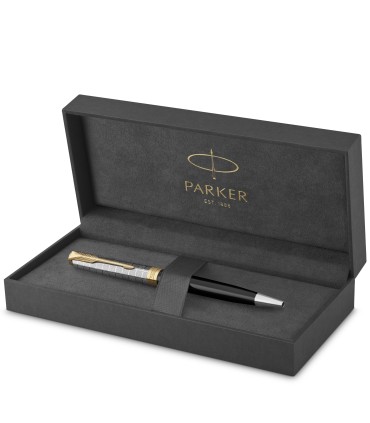 PARKER Sonnet Ballpoint Pen | Premium Metal and Black Gloss Finish with Gold Trim | Medium Point with Black Ink Refill | Gift Bo