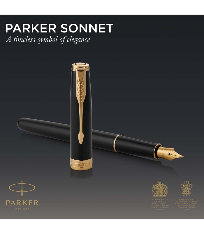 Parker Sonnet Fountain Pen | Black Lacquer with Gold Trim | Fine Nib | Gift Box
