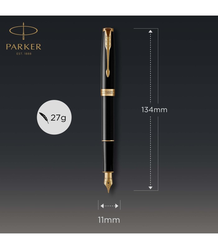 Parker Sonnet Fountain Pen | Black Lacquer with Gold Trim | Fine Nib | Gift Box