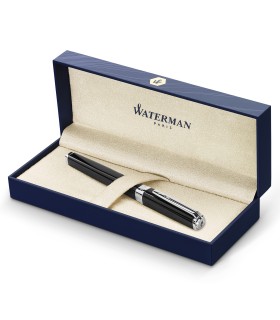 Waterman Exception Fountain Pen | Slim Black with Silver Plated Clip | Fine Nib with Blue Ink Cartridge | Gift Box
