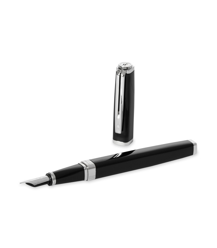 Waterman Exception Fountain Pen | Slim Black with Silver Plated Clip | Fine Nib with Blue Ink Cartridge | Gift Box