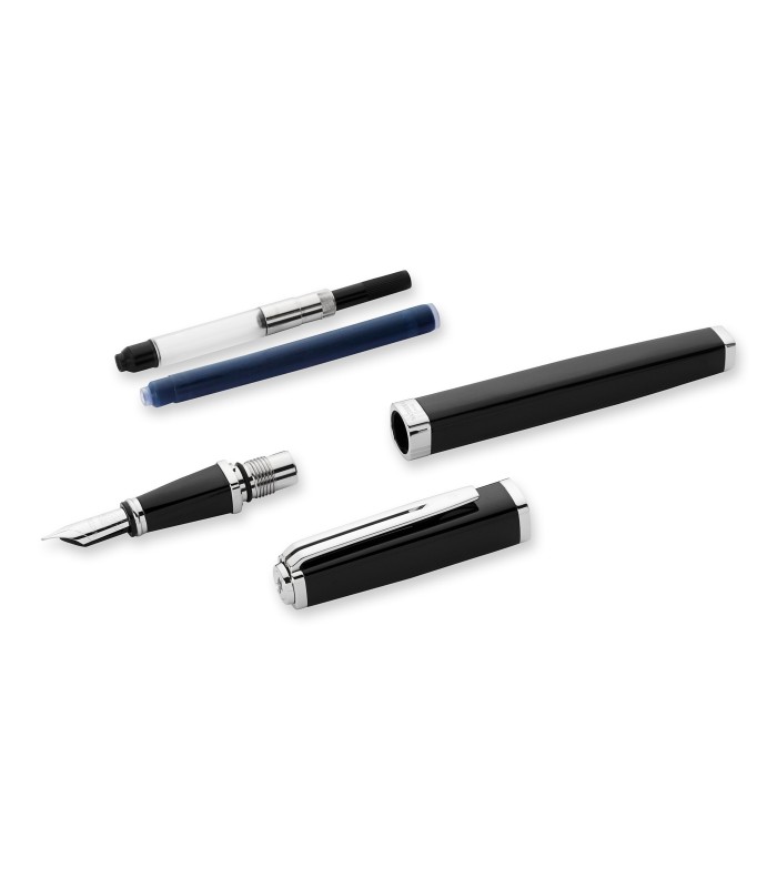 Waterman Exception Fountain Pen | Slim Black with Silver Plated Clip | Fine Nib with Blue Ink Cartridge | Gift Box