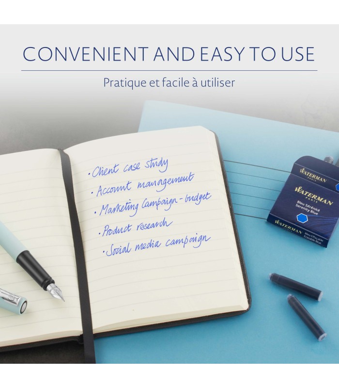 Waterman Fountain Pen Refill Ink Cartridges | Standard International (Short) | Serenity Blue | 6 Count