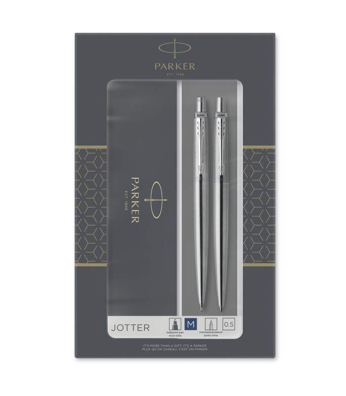 Parker Jotter Duo Gift Set with Ballpoint Pen & Mechanical Pencil (0.5mm) | Stainless Steel with Chrome Trim | Handwriting Pens 