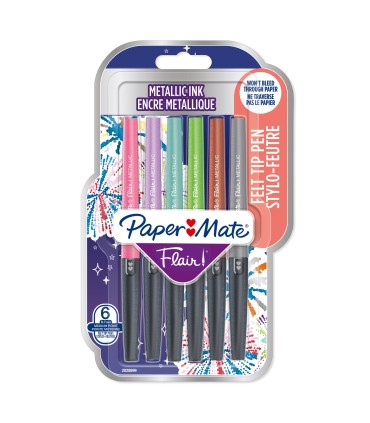 Paper Mate Flair Metallic Felt Tip Pens | Glittery Ink Shines on White Paper | Assorted Colours | Medium Point (0.7mm) | 6 Count