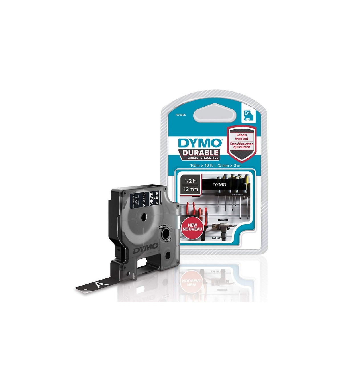 DYMO LabelManager cassette ruban D1 durable, haute résistance, Blanc/Noir,  12mm x 3m