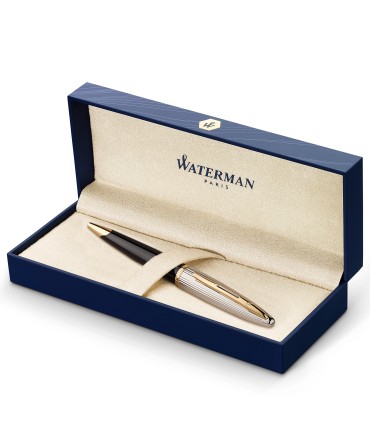 Waterman Carène Deluxe Ballpoint Pen | Gloss Black & Silver Plated with 23k Gold Clip | Medium Point with Blue Ink Cartridge | G