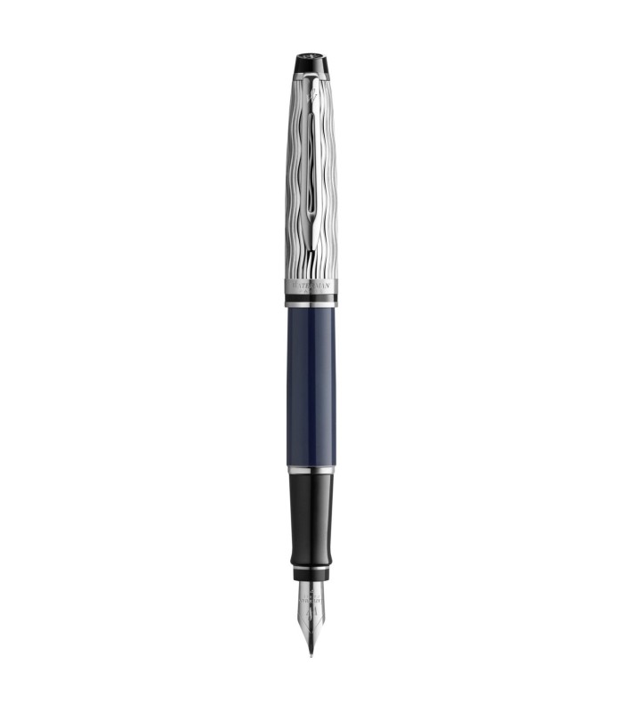 Waterman Expert Stylo plume | Laqué gris métallique et bleu | Capuchon biseauté | Plume fine en acier inoxydable