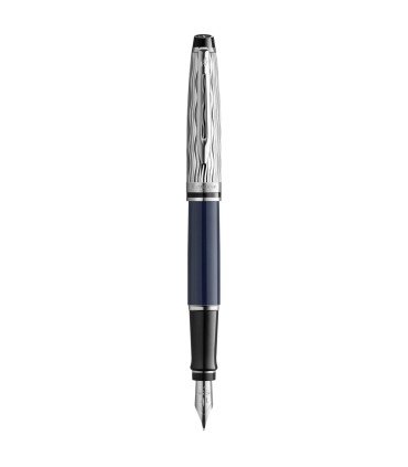 Waterman Expert Stylo plume | Laqué gris métallique et bleu | Capuchon biseauté | Plume fine en acier inoxydable