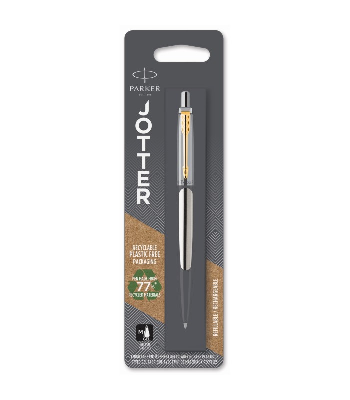 Parker Jotter Gel Pen | Stainless Steel with Gold Trim | Medium Point Black Ink (0.7 mm)