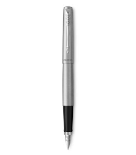 PARKER Jotter stylo plume, acier, attributs chromés, Recharge bleu pointe moyenne, Coffret cadeau