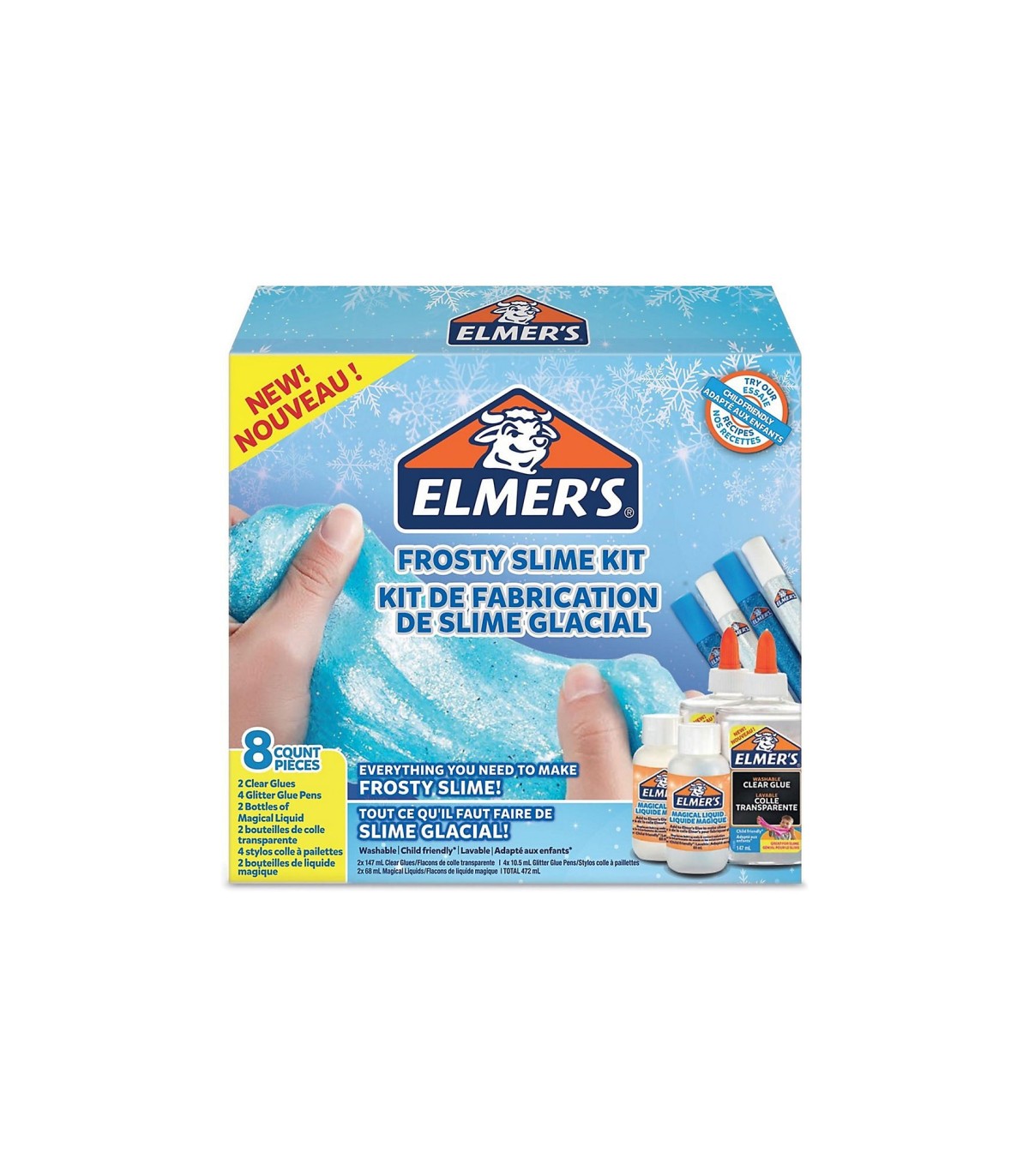 ELMER´S Kit Slime glacial, 2 Flacons colle transparente (147 ml), 4 Stylos  colle à paillettes, 2 flacons liquide magique (68 ml)