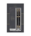 PARKER Sonnet Duo Set Ballpoint Pen & Fountain Pen, Black lacquer barrel, Gold trims, Fine Point and Nib – blister pack