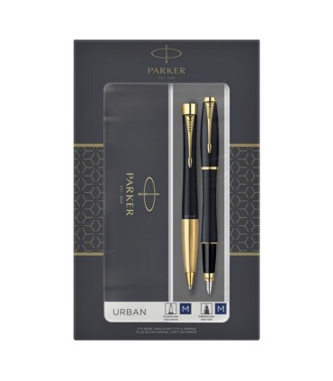 PARKER Urban Duo Set : Fountain Pen & Ballpoint Pen, Matte black with gold Trims - Blister pack 