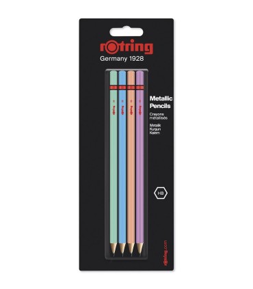 rOtring, Set de 4 Crayons en bois Métalliques HB : Vert, Bleu, Orange et Rose