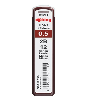 rOtring Tikky Recharge mines pour porte-mines, 0,5mm - 2B, étui de 12 mines