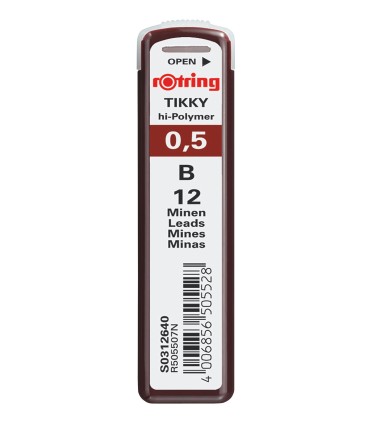 rOtring Tikky Recharge mines pour porte-mines, 0,5 mm - B, étui de 12 mines