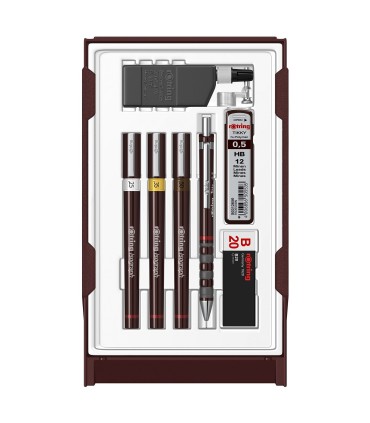 rOtring Set College: Porte-mine 0.5 + 3 Isograph 0.25/0.35/0.5mm + gomme + étui 12 mines HB + flacon encre 23 ml + attache compa