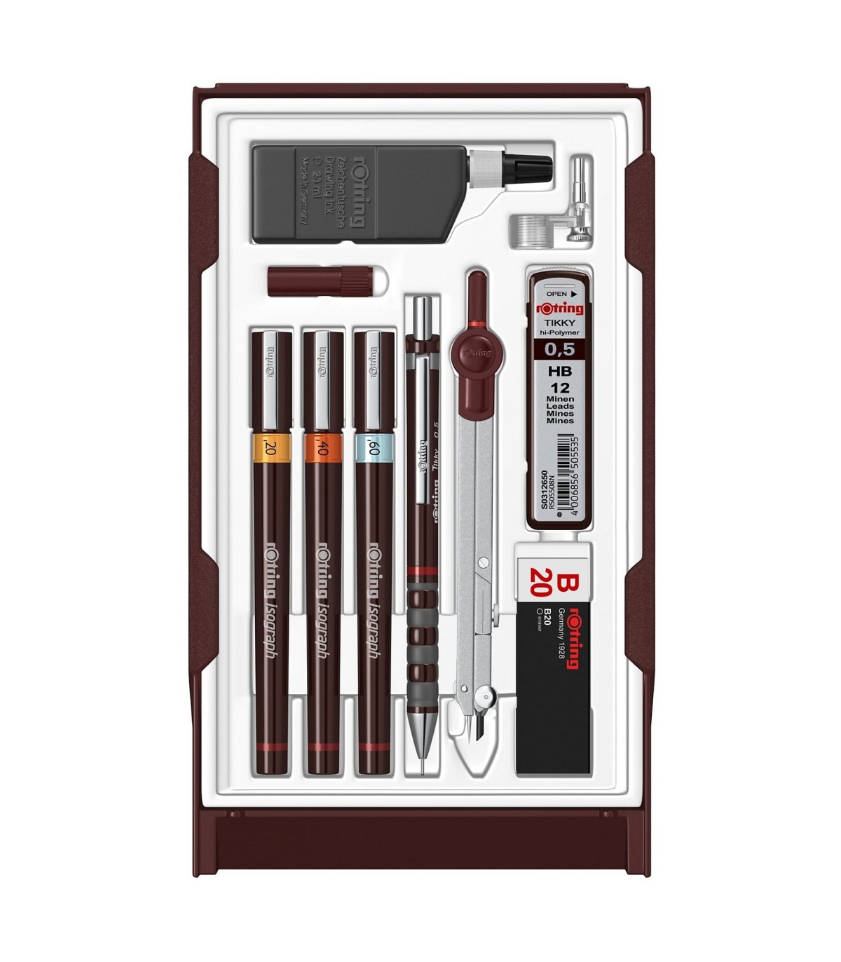 rOtring Set College : Porte-mine 0.5 + 3 Stylos Isograph 0.2/0.4/0.6mm +  gomme + 12 mines HB + flacon d'encre 23 ml + attache co