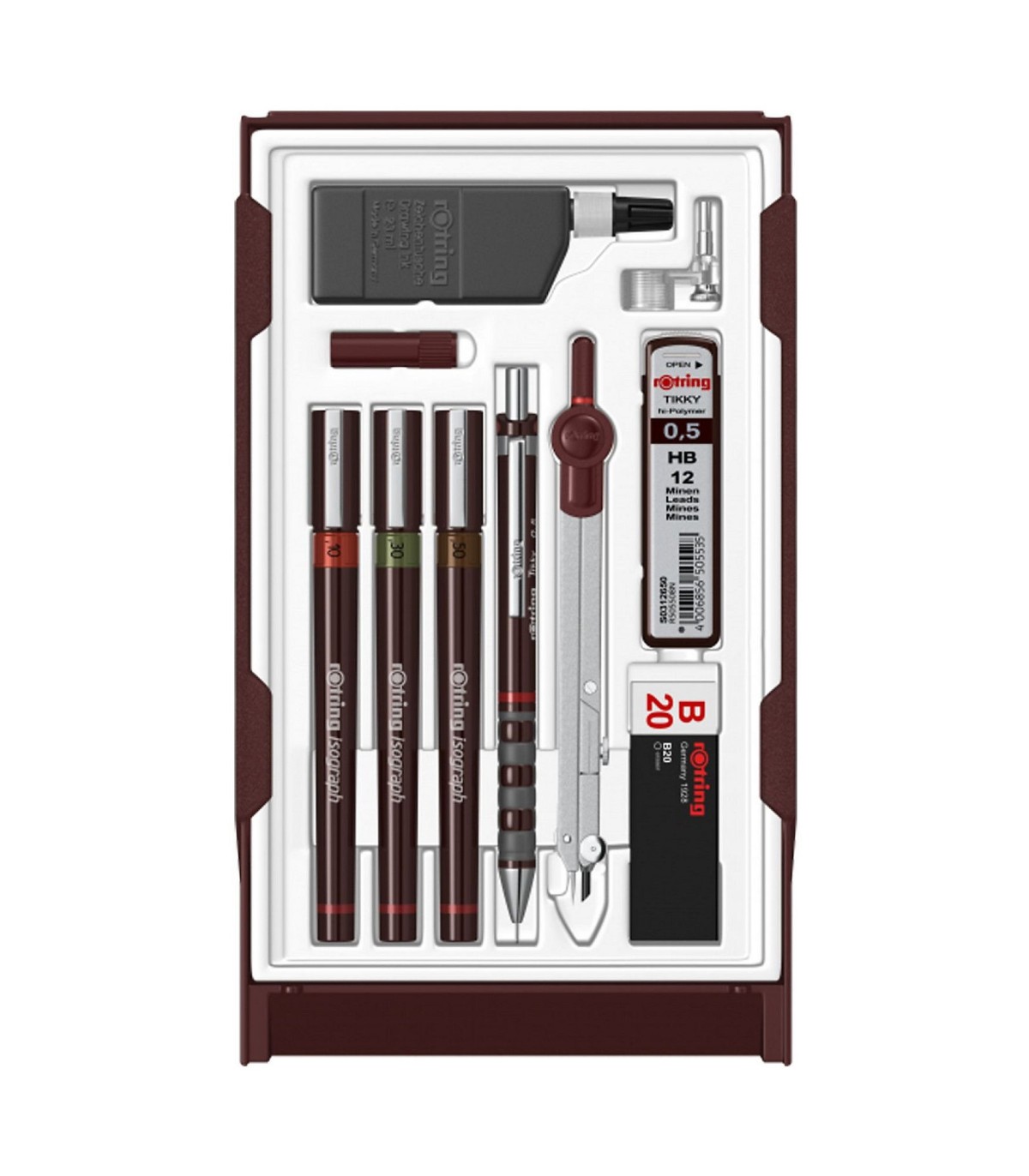 rOtring Master Set: 3 Isograph pens 0.1 - 0.3 - 0.5 mm + Tikky Mechanical  Pencil 0.5 + 12 HB leads + B20 eraser + Centro compass