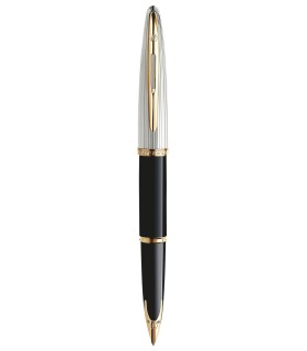 WATERMAN Carène Deluxe Stylo plume, Noir brillant et plaqué argent, plume fine 18K, Coffret cadeau
