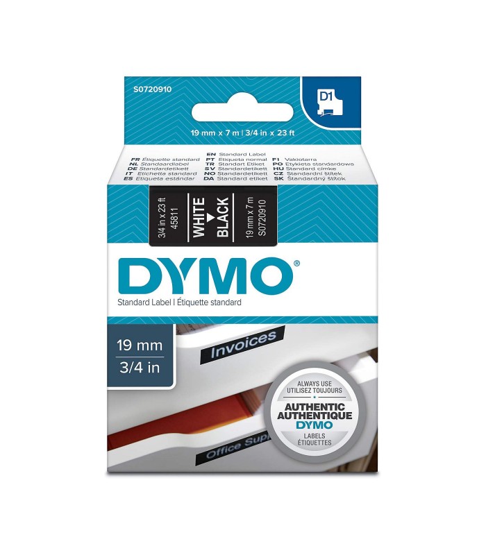 DYMO LabelManager cassette ruban D1 19mm x 7m Blanc/Noir (compatible avec les LabelManager et les LabelWriter Duo)