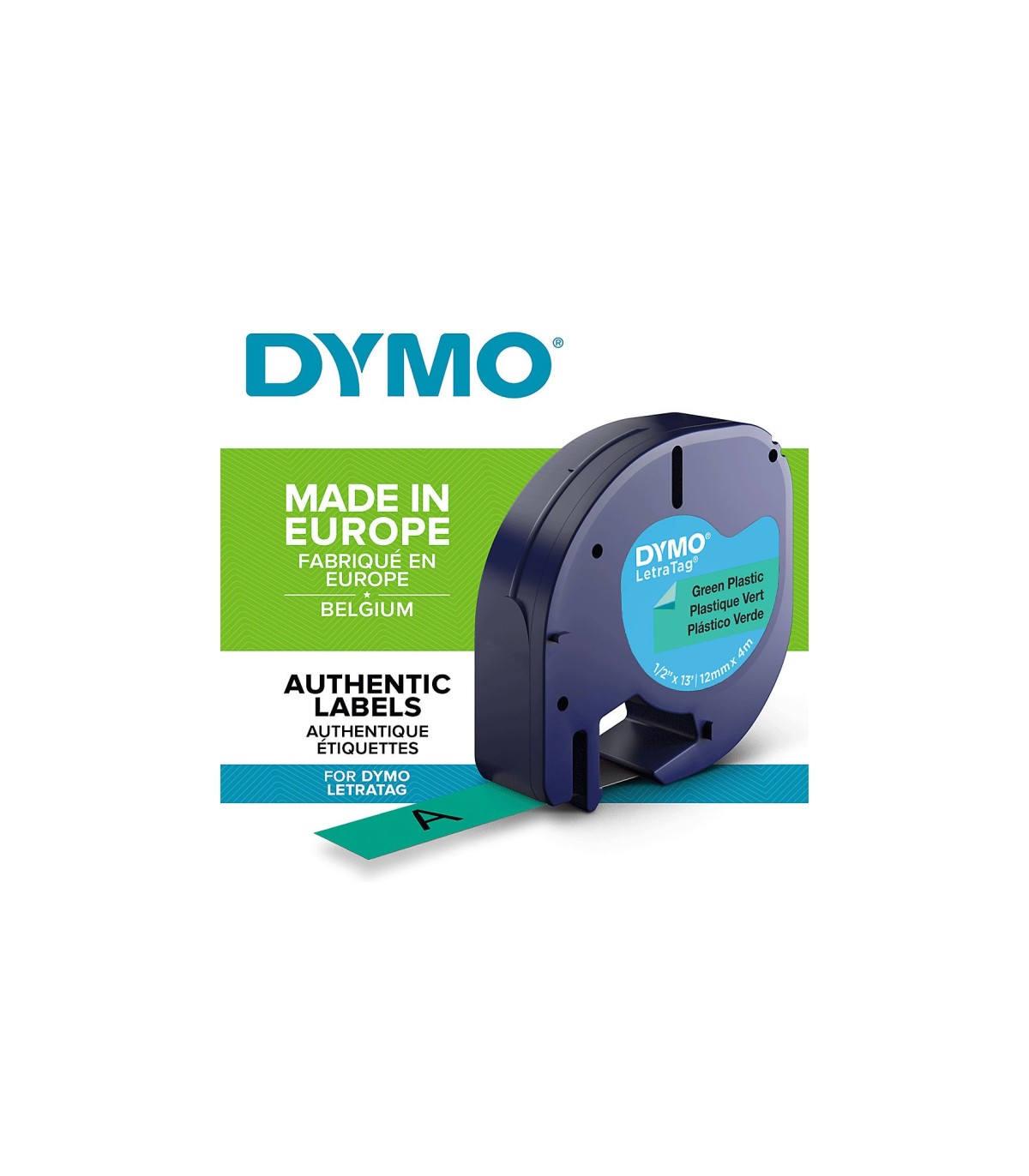DYMO LetraTag - Plastic Labels 12mm x 4m, Black on Green