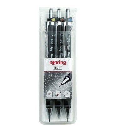 rOtring Tikky Mechanical Pencil - Set of 3 - Black barrel - HB  0.35/0.5/0.7mm - transparent case