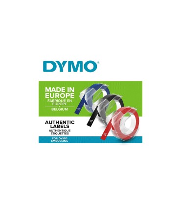 DYMO LetraTag - 3D selbsklebende PrägeEtiketten, 9mm x 3m, Weiß auf Schwarz, auf Blau und auf Rot - 3er Pack