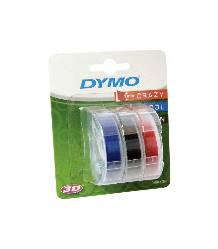DYMO lot de 3 rubans 3D en blister, finition brillante, 9mm x 3m, assortis : Noir, bleu, Rouge