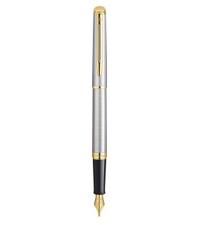 WATERMAN Hemisphere Fountain Pen, Stainless steel barrel, Gold trims, fine Nib - Gift boxed