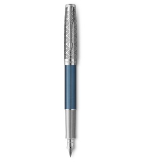 PARKER Sonnet Premium, Stylo plume, Métal & Laque Bleu, Plume fine 18k, encre noire, Coffret cadeau