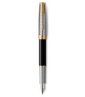 PARKER Sonnet Premium Fountain Pen, Metal and Black Lacquer, Gold Trims, 18K Fine Nib - Gift Boxed
