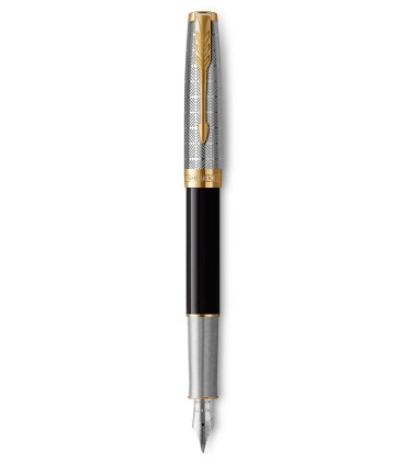 PARKER Sonnet Premium, Stylo plume, Métal et Laque Noire, Plume fine 18k, encre noire, Coffret cadeau