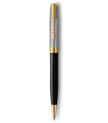 PARKER Sonnet Premium Stylo bille, métal et Noir, Recharge noire pointe moyenne, Coffret cadeau