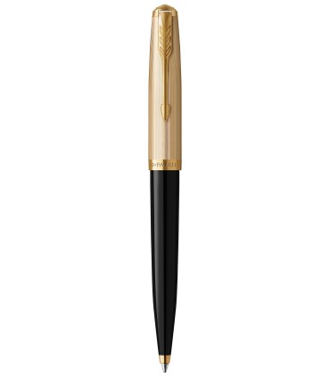 PARKER 51 Deluxe, Kugelschreiber, Schwarzes Harz Körper + vergoldete Kappe, Goldzierteile,  Mittlere schwarze Ersatzmine, Gesche