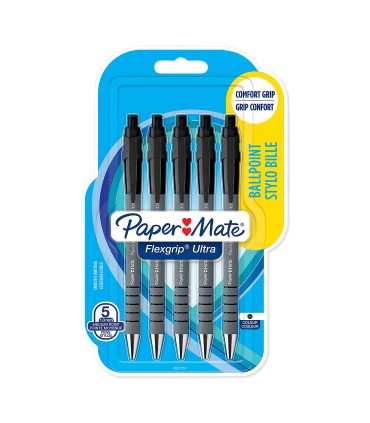 Paper Mate Flexgrip - 5 Ballpoint Pens - Black - Medium Point 1.0mm - blister