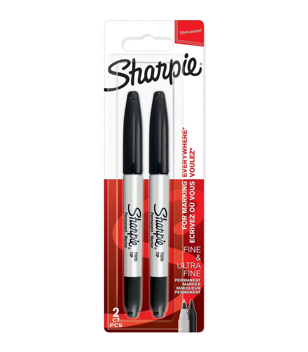SHARPIE Twin Tip - 2 marqueurs permanents - Noir - Pointe Fine and Ultra  fine - sous blister