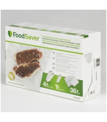 FoodSaver Sacs de mise sous vide multi pack : 4  rouleaux (28 cm X 5.5M), 1 rouleau (20 cm X 6.7M), 36 sacs (0.95L)