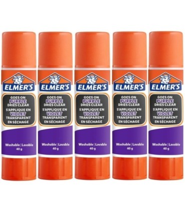 Elmer's stic bâtons de colle violette, devient transparente en séchant, lavable et adaptée aux enfants, 40g x 5