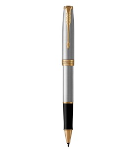PARKER Sonnet stylo roller, acier inoxydable, attributs dorés, Recharge noire pointe fine – Coffret cadeau
