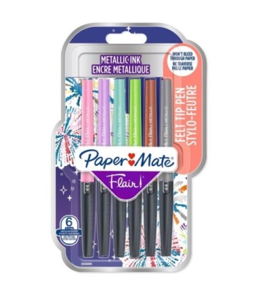 Paper Mate Flair, Metallic-Filzstifte, farben sortiert, mittlere Spitze (0,7 mm), 6 Stück