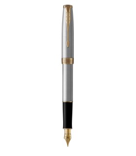 PARKER Sonnet Fountain Pen, Stainless Steel, Gold Trims, Medium nib - Gift boxed