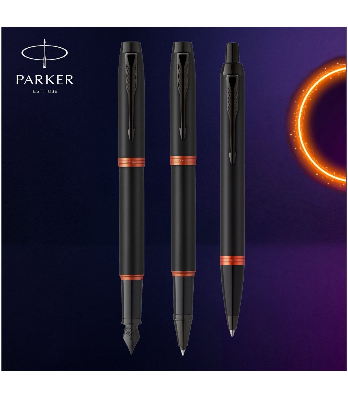 Stylo roller Parker IM Vibrant Rings, Satin noir laqué, attributs orange vif,  recharge noire pointe fine, Coffret cadeau