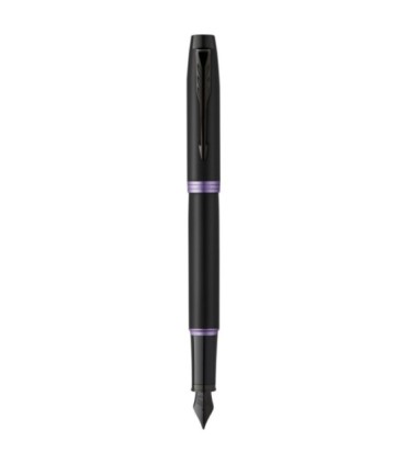 Parker IM Vibrant Rings Füllfederhalter, satinschwarzer Lack mit amethystfarbenen Akzenten, Federbreite M mit blauer Tinte, Gesc