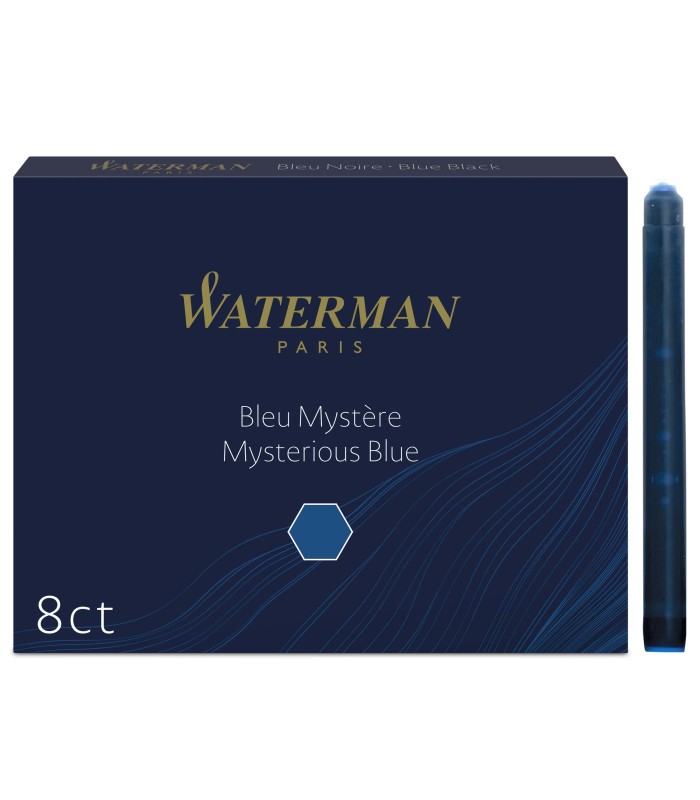 Waterman Fountain Pen Refill Ink Cartridges | Long Standard | Mysterious Blue | 8 Count